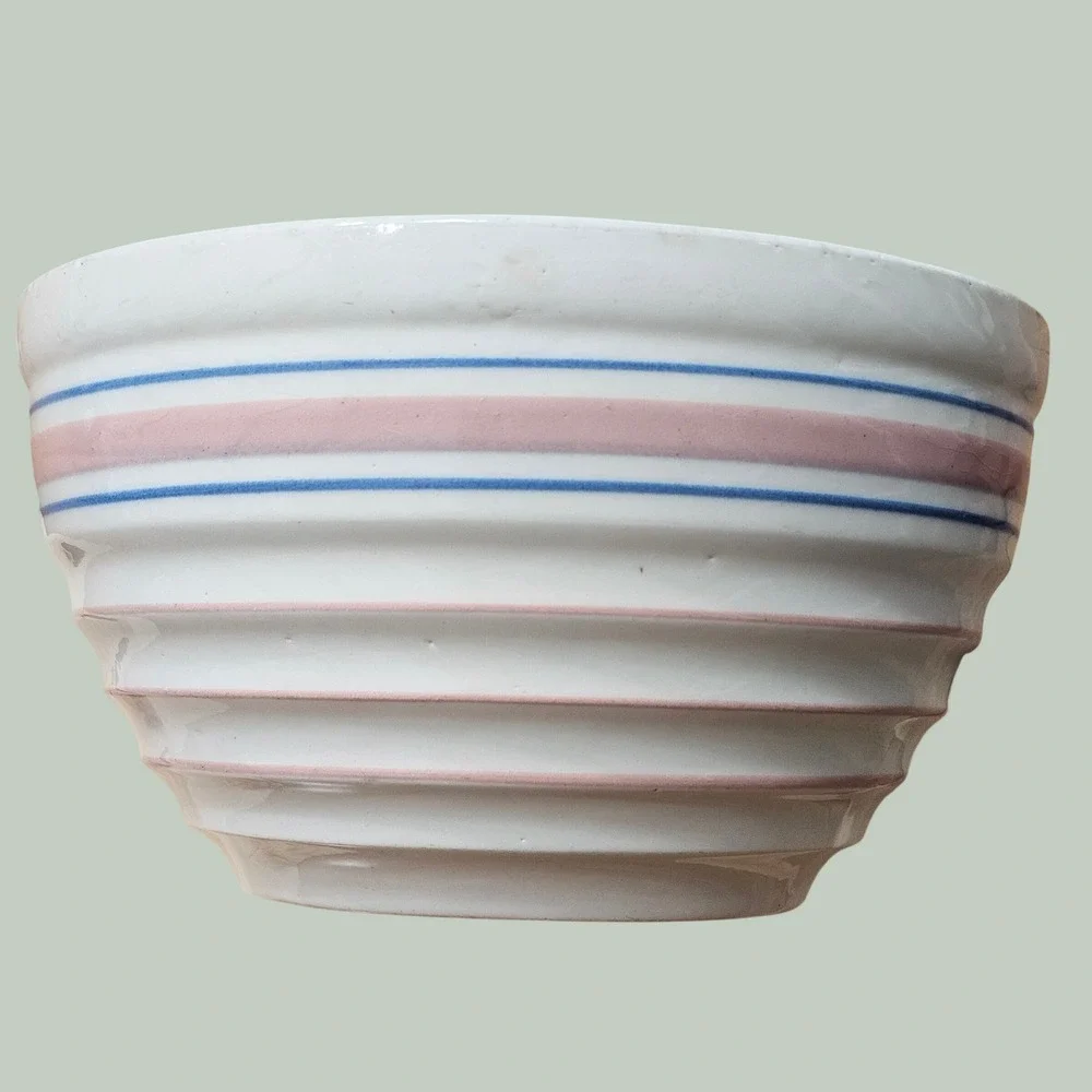 Vintage McCoy Stoneware Mixing Bowl Large 10 in Pink Blue Striped Ribbed Beehive